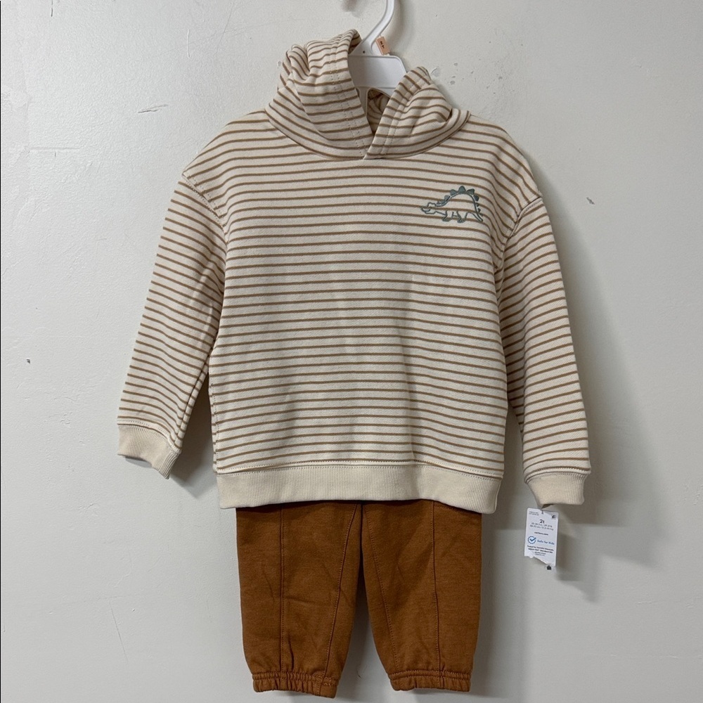 Carter's Cream and Brown Striped Dinosaur Hoodie Set